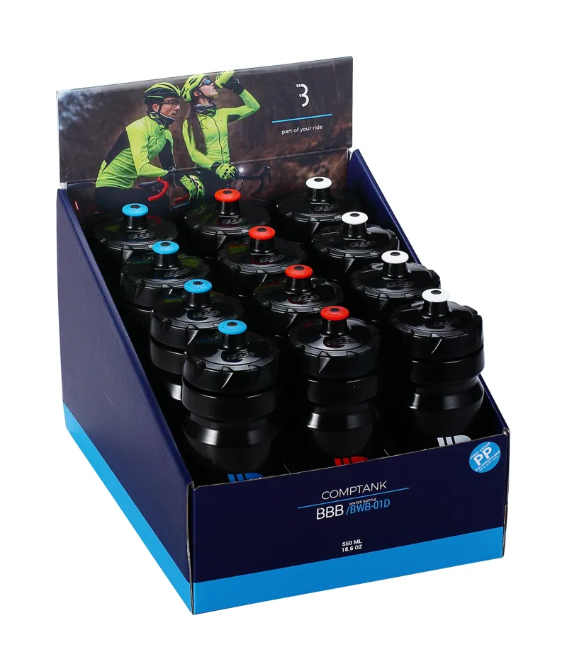 BBB 12x CompTank 550ml Water Bottles w/Display Box in Black